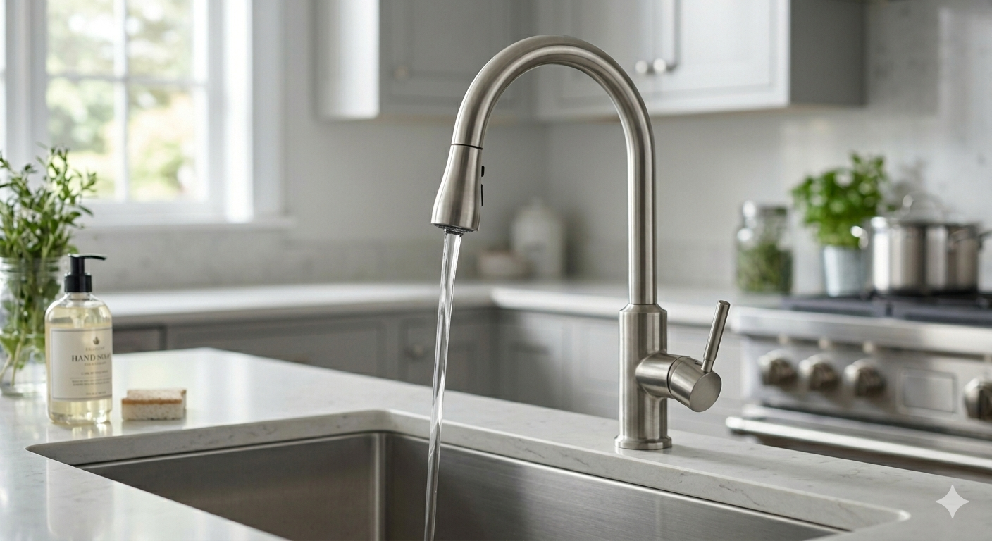 Clean filtered water flowing from a modern kitchen faucet